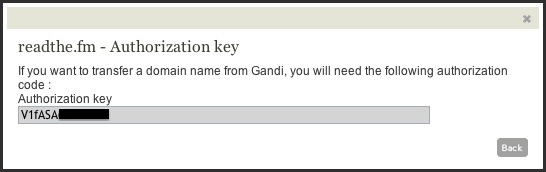 如果您要将您的域名从Gandi转出，您需取得您的授权认证码