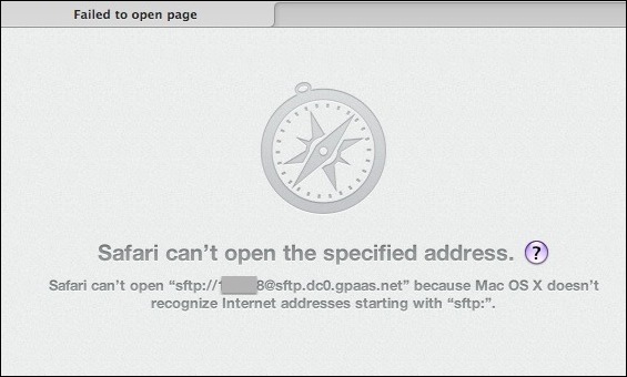 無法開啟頁面： Safari 瀏覽器無法開啟特定網址。  Safari 瀏覽器無法開啟 "sftp://######@sftp.dc0.gpaas.net" 因為 Mac OS X 無法識別以 "sftp:" 開頭的網際網路位址