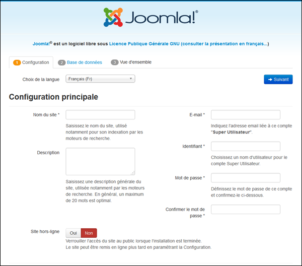La première page de configuration de votre Joomla tout neuf 