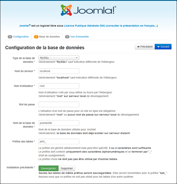 La page de configuration de votre base de données Joomla